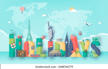 Travel composition with famous world landmarks. Travel and Tourism. Vector illustration