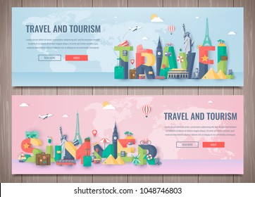 Travel composition with famous world landmarks. Travel and Tourism. Concept website template. Vector.