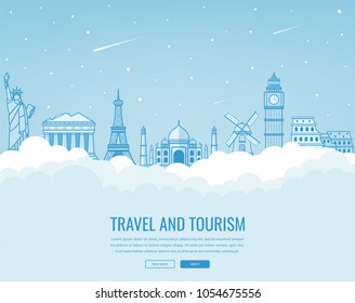 Travel composition with famous world landmarks. Travel and Tourism. Concept website template. Vector illustration