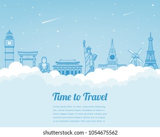 Travel composition with famous world landmarks. Travel and Tourism. Vector illustration