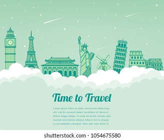 Travel composition with famous world landmarks. Travel and Tourism. Vector illustration