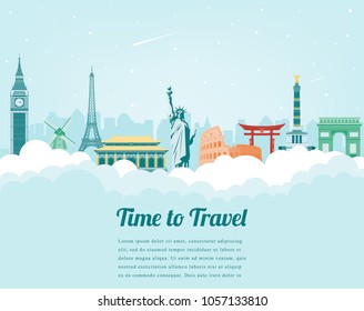 Travel composition with famous world landmarks. Travel and Tourism. Vector illustration