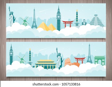 Travel composition with famous world landmarks. Travel and Tourism. Vector illustration