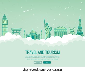 Travel composition with famous world landmarks. Travel and Tourism. Concept website template. Vector illustration