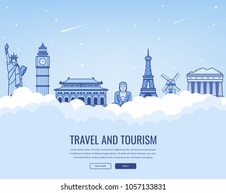 Travel composition with famous world landmarks. Travel and Tourism. Concept website template. Vector illustration