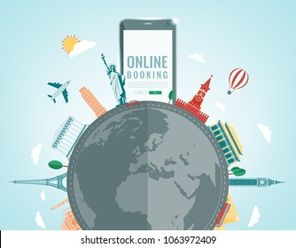 Travel composition with famous world landmarks. Travel and Tourism. Concept website template. Vector illustration