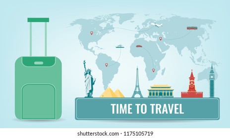 Travel composition with famous world landmarks. Travel and Tourism. Concept website template. Vector illustration