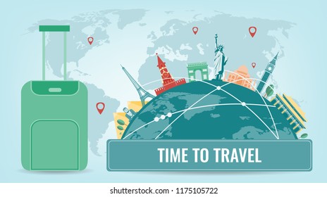 Travel composition with famous world landmarks. Travel and Tourism. Concept website template. Vector illustration