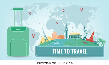 Travel composition with famous world landmarks. Travel and Tourism. Concept website template. Vector illustration