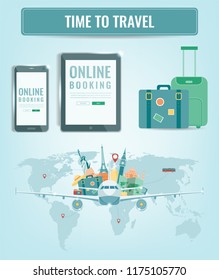 Travel composition with famous world landmarks. Travel and Tourism. Concept website template. Vector illustration