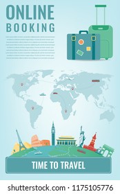 Travel composition with famous world landmarks. Travel and Tourism. Concept website template. Vector illustration