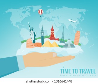 Travel composition with famous world landmarks. Travel and Tourism concept. Vector illustration