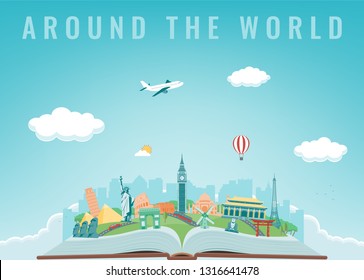 Travel composition with famous world landmarks. Travel and Tourism concept. Vector illustration