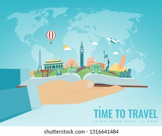 Travel composition with famous world landmarks. Travel and Tourism concept. Vector illustration