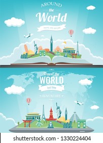 Travel composition with famous world landmarks. Travel and Tourism concept. Vector illustration