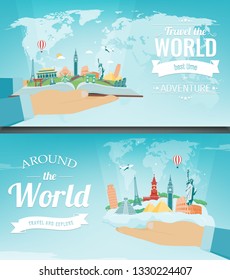 Travel composition with famous world landmarks. Travel and Tourism concept. Vector illustration