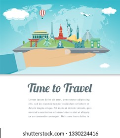 Travel composition with famous world landmarks. Travel and Tourism concept. Vector illustration