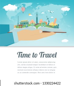 Travel composition with famous world landmarks. Travel and Tourism concept. Vector illustration