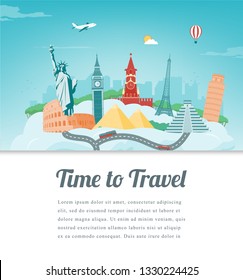 Travel composition with famous world landmarks. Travel and Tourism concept. Vector illustration