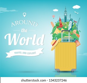 Travel composition with famous world landmarks. Travel and Tourism concept. Vector illustration