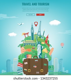 Travel composition with famous world landmarks. Travel and Tourism. Concept website template. Vector illustration