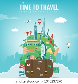 Travel composition with famous world landmarks. Travel and Tourism concept. Vector illustration