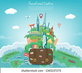 Travel composition with famous world landmarks. Travel and Tourism concept. Vector illustration