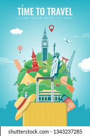 Travel composition with famous world landmarks. Travel and Tourism concept. Vector illustration