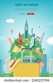 Composición de viajes con Lugares famosos de renombre mundial. Viajes y turismo. Concepto de Plantilla de Sitio web. Ilustración vectorial