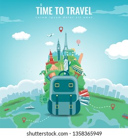 Travel composition with famous world landmarks. Travel and Tourism concept. Vector illustration