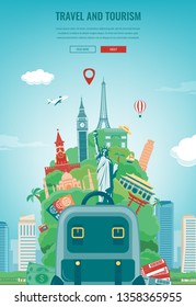 Travel composition with famous world landmarks. Travel and Tourism concept. Vector illustration