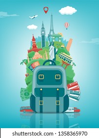 Travel composition with famous world landmarks. Travel and Tourism concept. Vector illustration