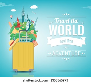 Travel composition with famous world landmarks. Travel and Tourism concept. Vector illustration