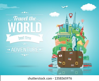 Travel composition with famous world landmarks. Travel and Tourism concept. Vector illustration