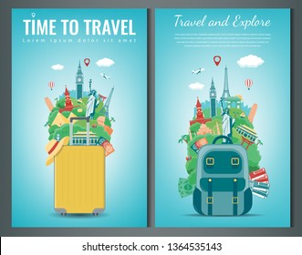 Travel composition with famous world landmarks. Travel and Tourism concept. Vector illustration