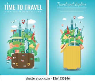Travel composition with famous world landmarks. Travel and Tourism concept. Vector illustration