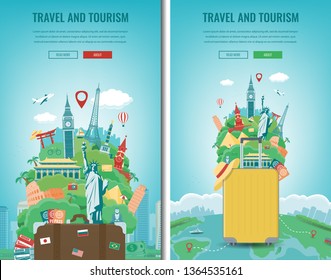 Travel composition with famous world landmarks. Travel and Tourism. Concept website template. Vector illustration