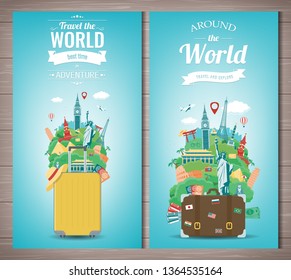 Travel composition with famous world landmarks. Travel and Tourism concept. Vector illustration