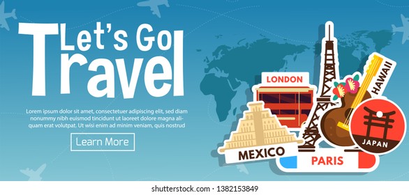 Travel composition with famous world landmarks. Travel and Tourism concept. 