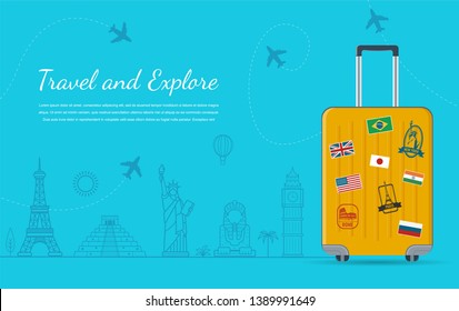 Travel composition with famous world landmarks. Travel and Tourism concept. Vector illustration