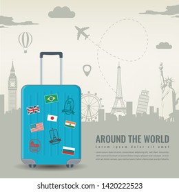 Travel composition with famous world landmarks. Travel and Tourism. Concept website template. Vector illustration