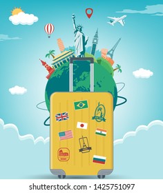 Travel composition with famous world landmarks. Travel and Tourism concept. Vector illustration
