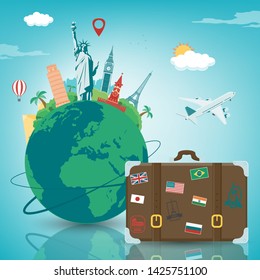 Travel composition with famous world landmarks. Travel and Tourism concept. Vector illustration