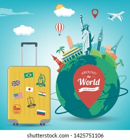 Travel composition with famous world landmarks. Travel and Tourism concept. Vector illustration