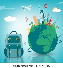 Travel composition with famous world landmarks. Travel and Tourism concept. Vector illustration