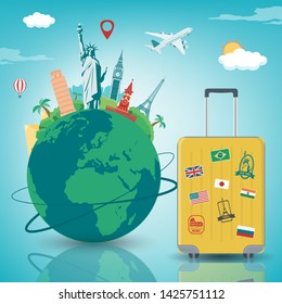 Travel composition with famous world landmarks. Travel and Tourism concept. Vector illustration