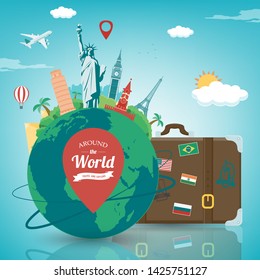 Travel composition with famous world landmarks. Travel and Tourism concept. Vector illustration