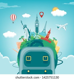 Travel composition with famous world landmarks. Travel and Tourism concept. Vector illustration