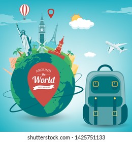 Travel composition with famous world landmarks. Travel and Tourism concept. Vector illustration
