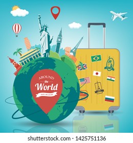 Travel composition with famous world landmarks. Travel and Tourism concept. Vector illustration